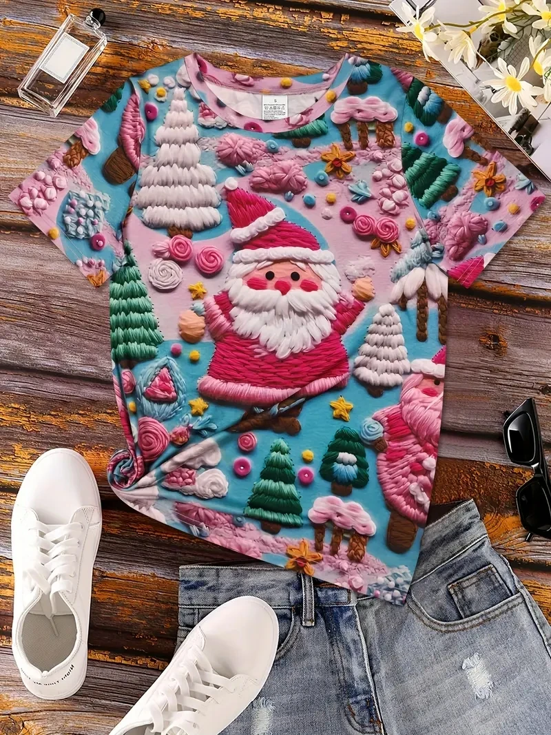 Ladies PLUS Size 3D Santa Claus Snowflake Print T-shirt, Loose and Casual,soft and Comfortable,breathable,suitable for Outdoor