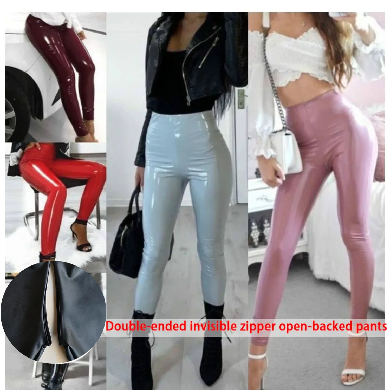 Sexy Hip Lifting Bright Leather Pants Women's Invisible Open Crotch Leggings Large Thin Skinny Sheath Leather Pu Pants Women's