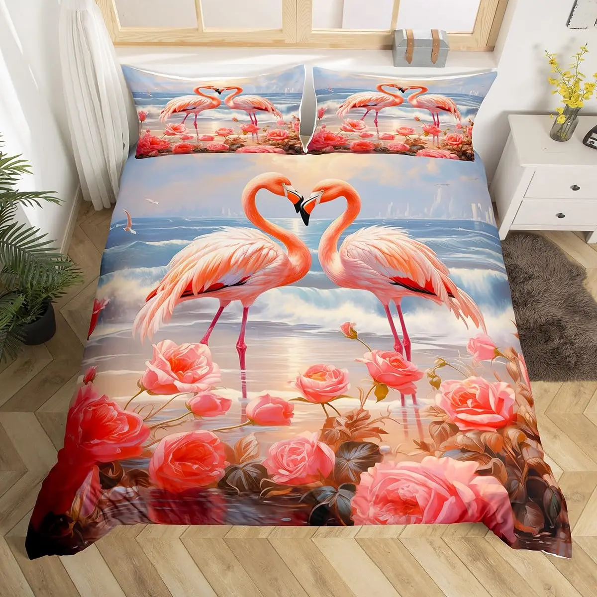 

Flamingo Bedding Set for Teens Adults,Watercolor Tropical Flamingo Duvet Cover,Hawaii Sealife Quilt Cover,Ocean Animal Bed Set