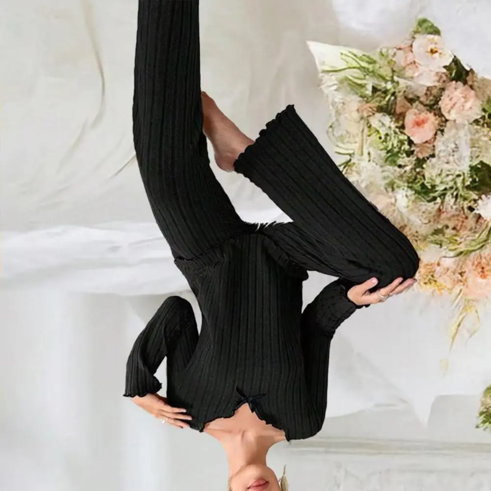 2026 Women Pajamas Set V-Neck Long Sleeve Lace Trim Tops Elastic Waist Long Pants Set Solid Color Ribbed Sleepwear