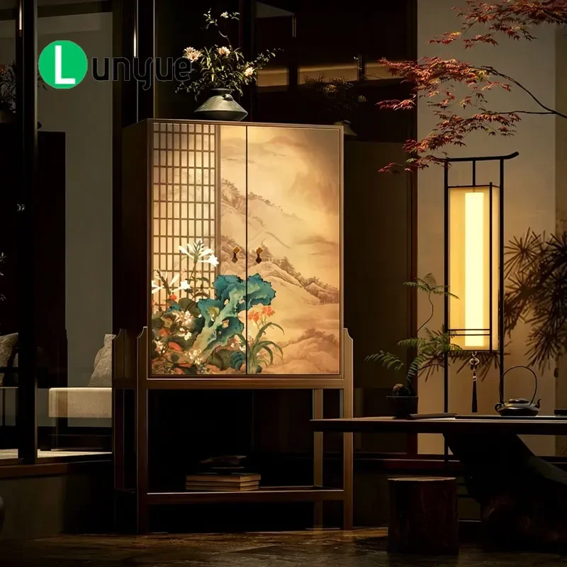 New Chinese Style Solid Wood High Low Combined Cabinet Grid Flower Bird Pattern Entryway Porch Locker Tea Room Furniture