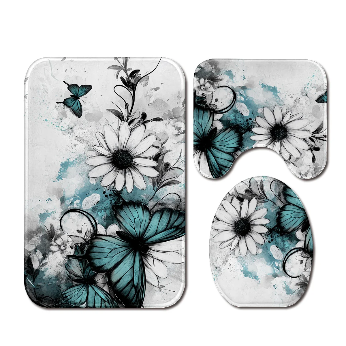 

3 шт. Весенний принт «Ромашка и бабочка» — нескользящий коврик, чехол на сиденье унитаза, U-образный коврик — полиэстер, можно стирать в машине