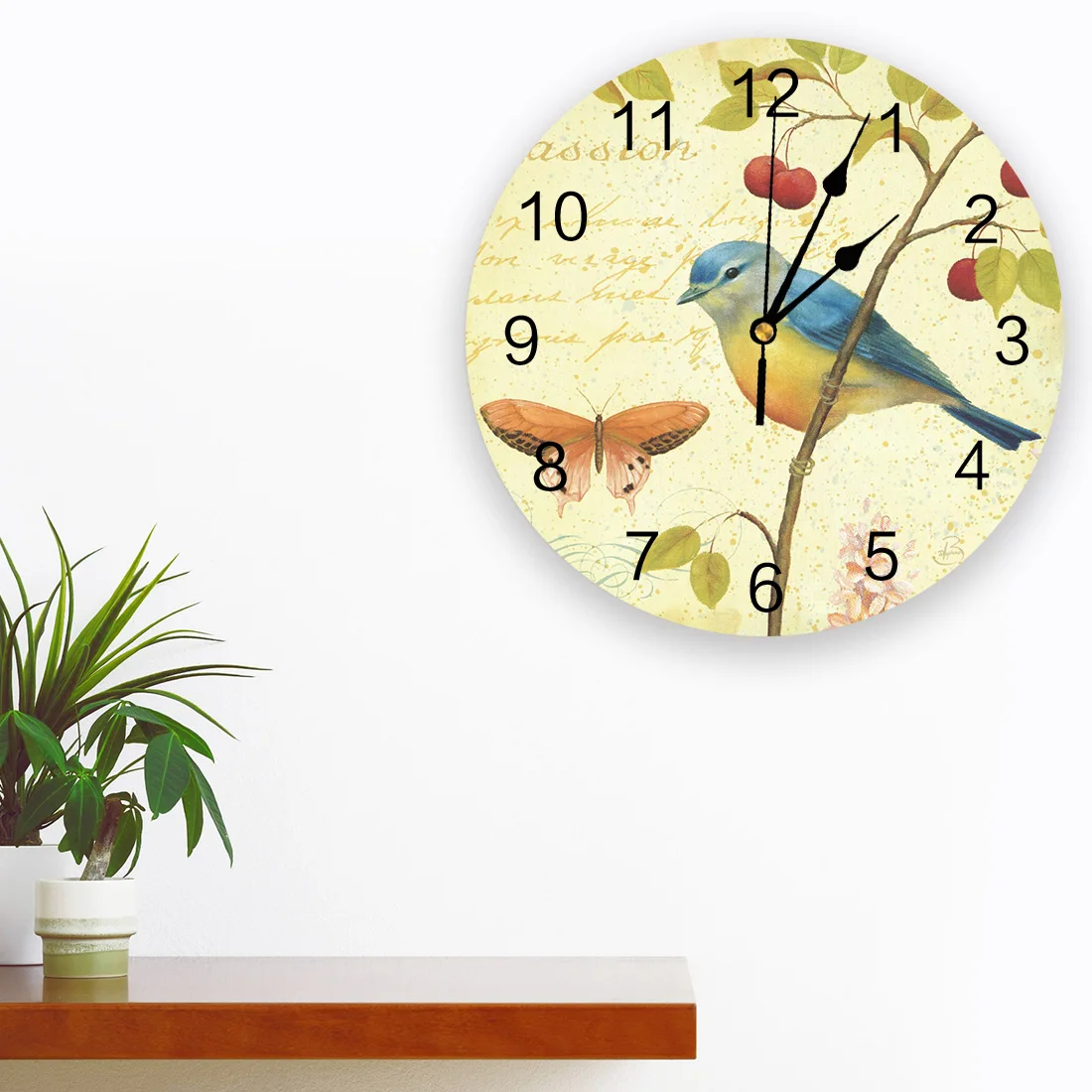 Butterfly Flower Bird Painting Flower Illustration Wall Clock Dinning Restaurant Cafe Decor Round Wall Clocks Home Decoration