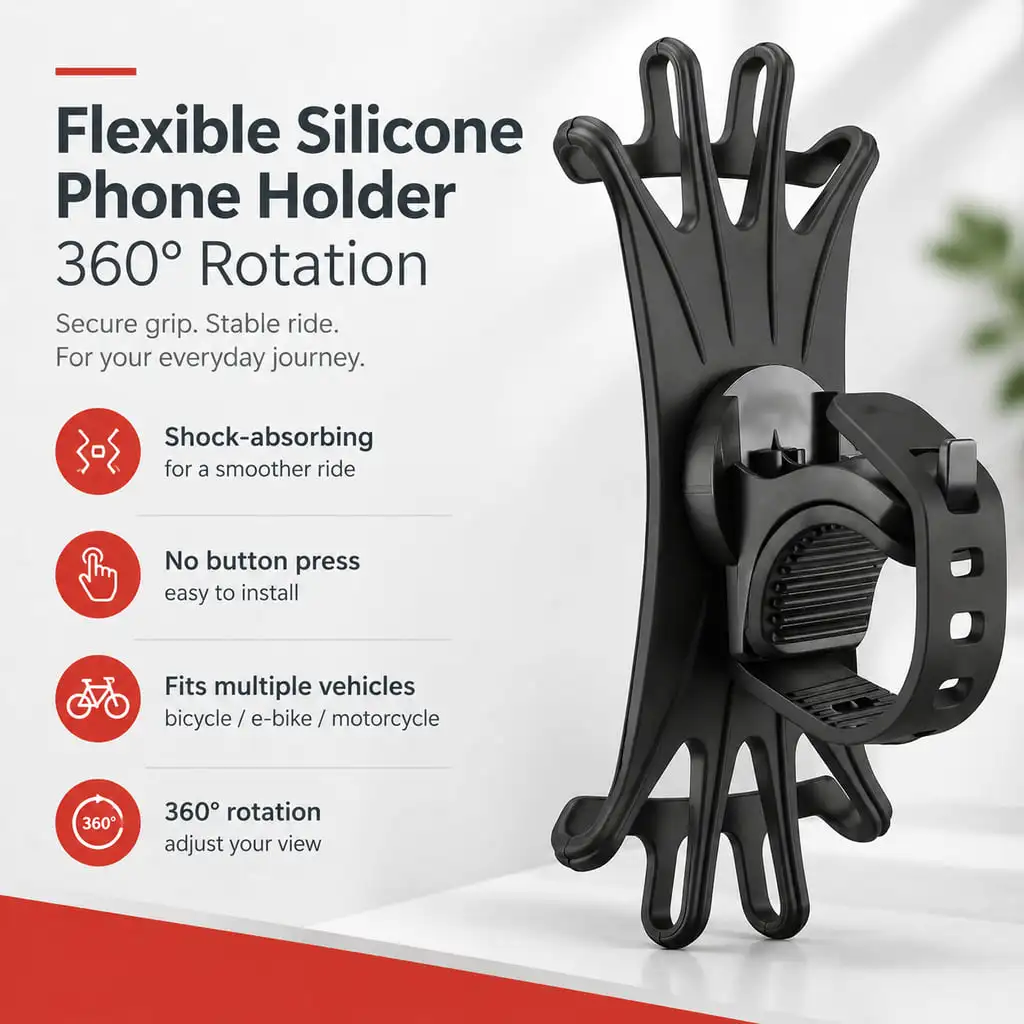 PINMOAP Silicone Bike Phone Mount Handlebar Holder for Road Bike MTB Folding Bicycle with Shock Pad Anti Slip Strap