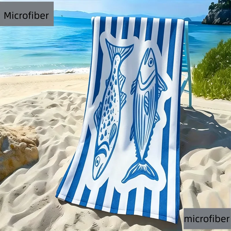 Vintage Nautical Beach Towel Quick Dry Microfiber Fashion Sardine Print Large Swim Camping Towel Ocean Theme Summer Vibes