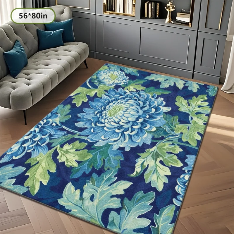 VIKAMA Blue Chrysanthemum Floral Print Area Rug Non Slip Soft Floor Carpet for Living Room Bedroom Botanical Home Decor Mat