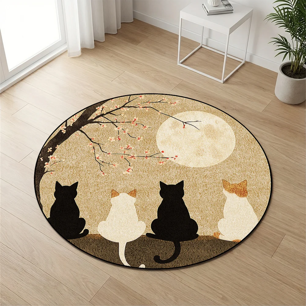 Oriental Moon Cherry Blossom Cat Round Rug Cute Cat Silhouette Circular Mat Retro Aesthetic Decor Floor Mat for Bedroom  Decor