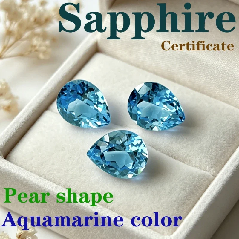 Synthetic Gemstone Sapphire Pear Shape Aquamarine Color Certificate Hand Cutting