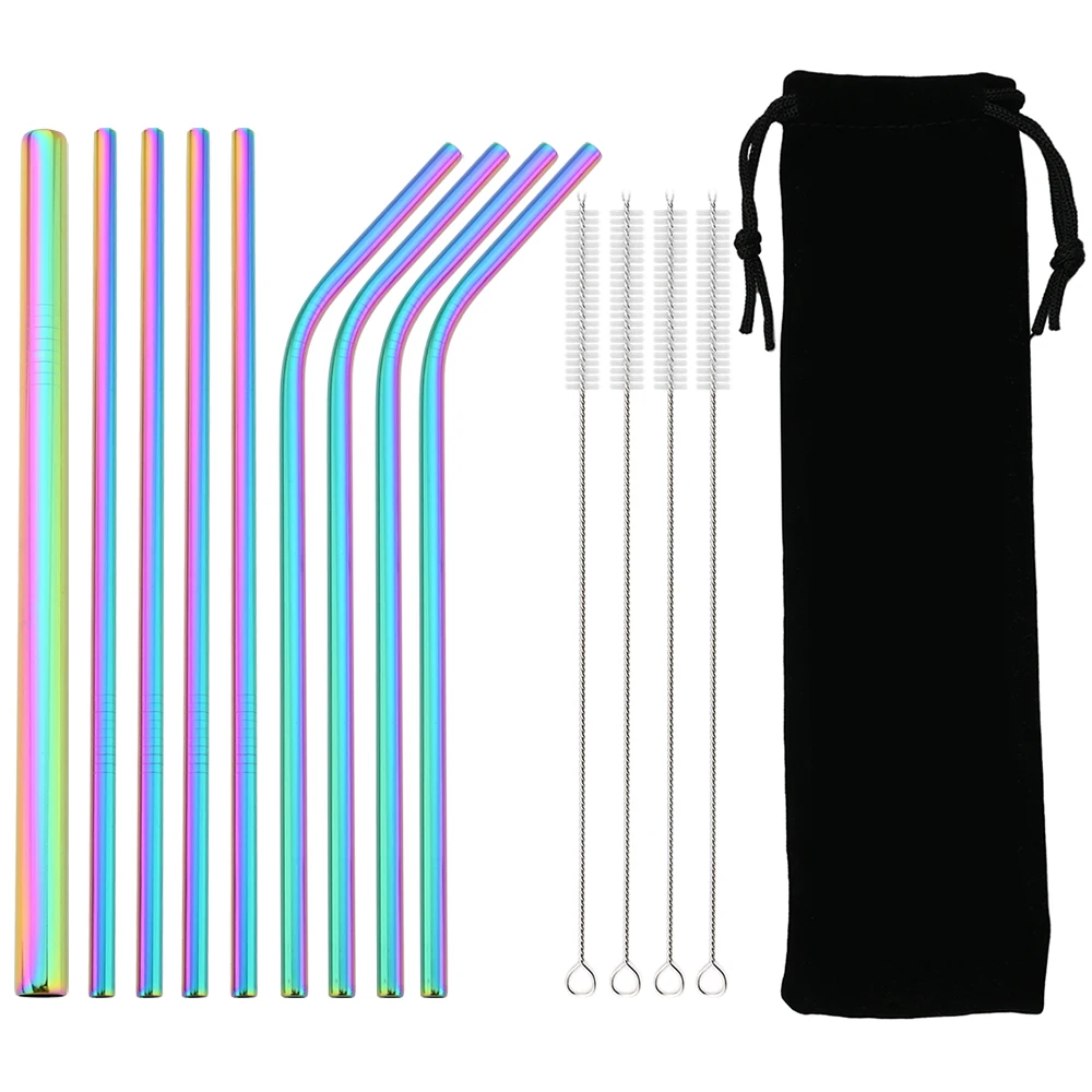 Metal 304 Stainless Steel Straw Straight Bent Drinking Straw Colorful Reusable Straw Set With Case Cleaning Brush Bar Accessory