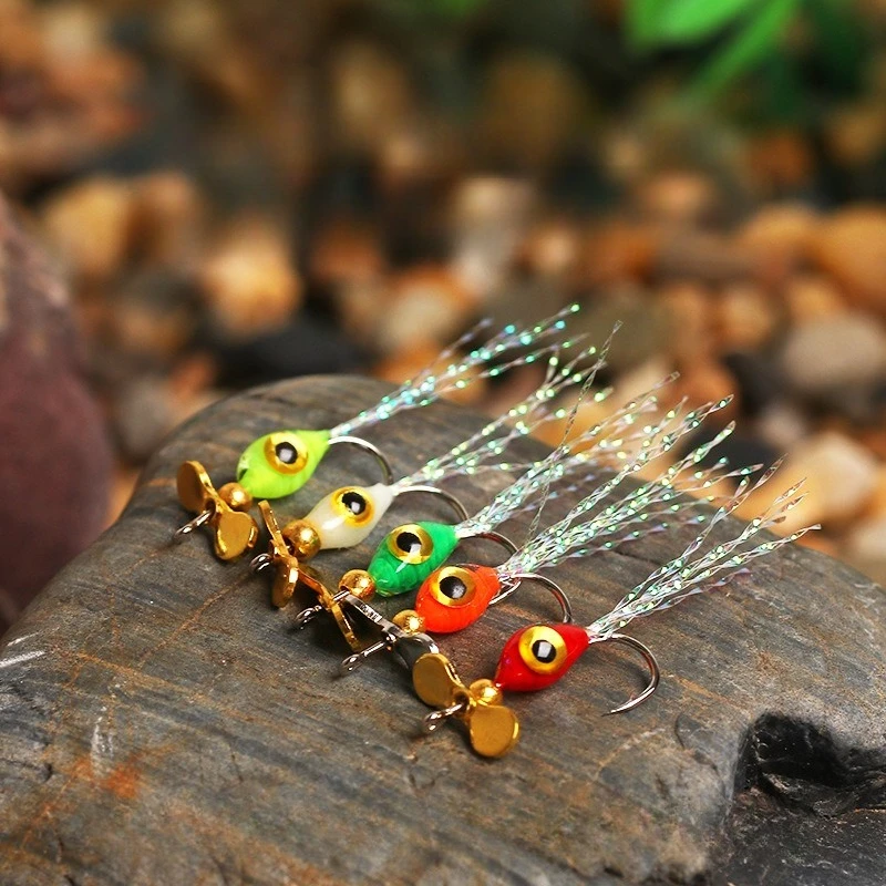 

5pcs Natural Small Fish Bait Glowing Fly Hooks Propeller Sequins 3D Fish Eyes Epoxy Fly Minnow All Waters Bass & Trout Fishing