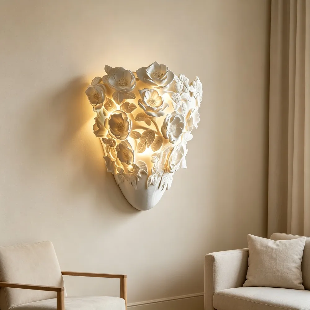 French Carved LED Wall Light Rechargeable or Wired Decorative Lamp for Living Room Bedroom Background Wall Hotel Hallway Sconce