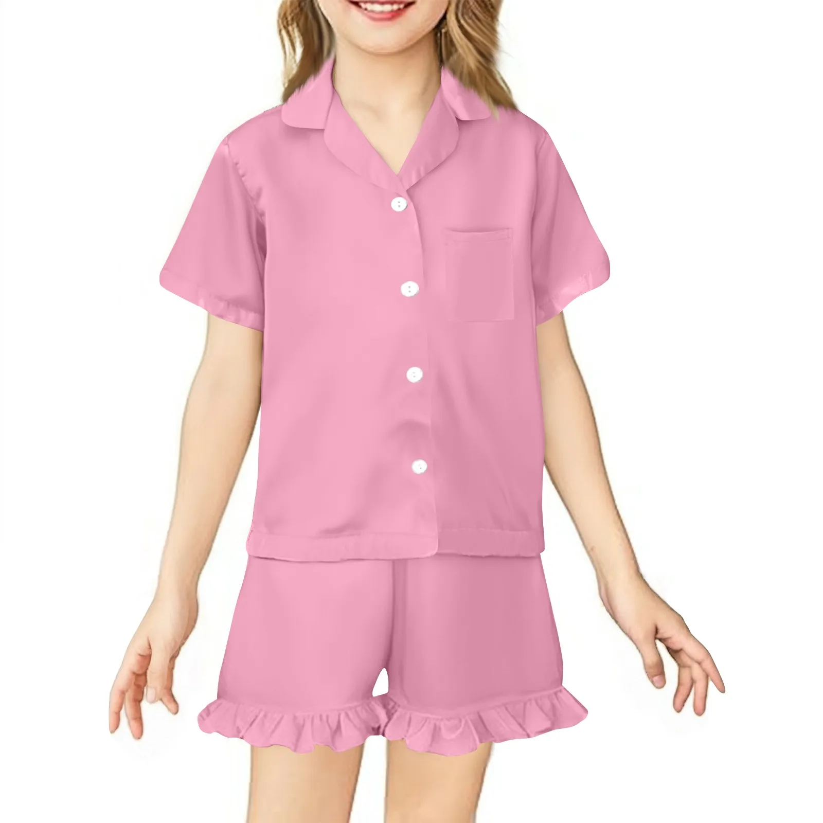 

Summer Short Sleeve Satin Pajamas Fabric Girls Sleepwear Boys Nightwear Solid Children's Pajama Sets Pyjamas Boy Baby Wear