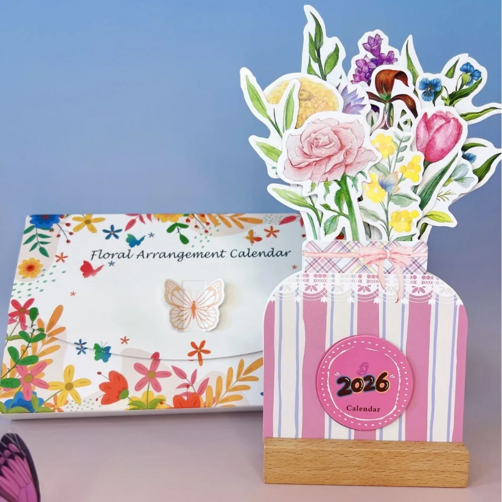 Exquisite Wooden Stand Flowers Desk Calendar Paper Craft Card Insert Vase-Like Calendar Traditional Standing Desk Calendar Home