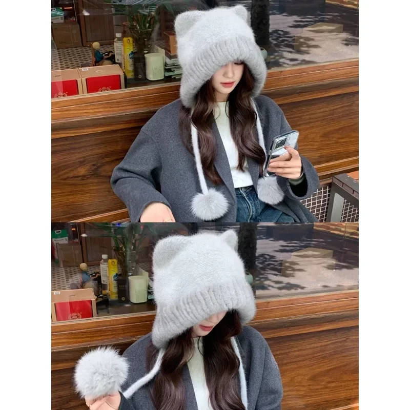 Female winter sweet cute fur hat, cat ears wool knitted ear hat mink hair knitted fox hairball