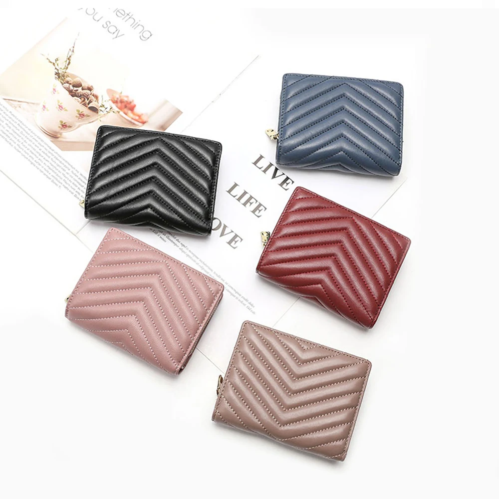 V Stripes Sheepskin Women Wallet Large Capacity 100% Genuine Leather Card Holder Coin Purse Luxury Design Female Short Wallet