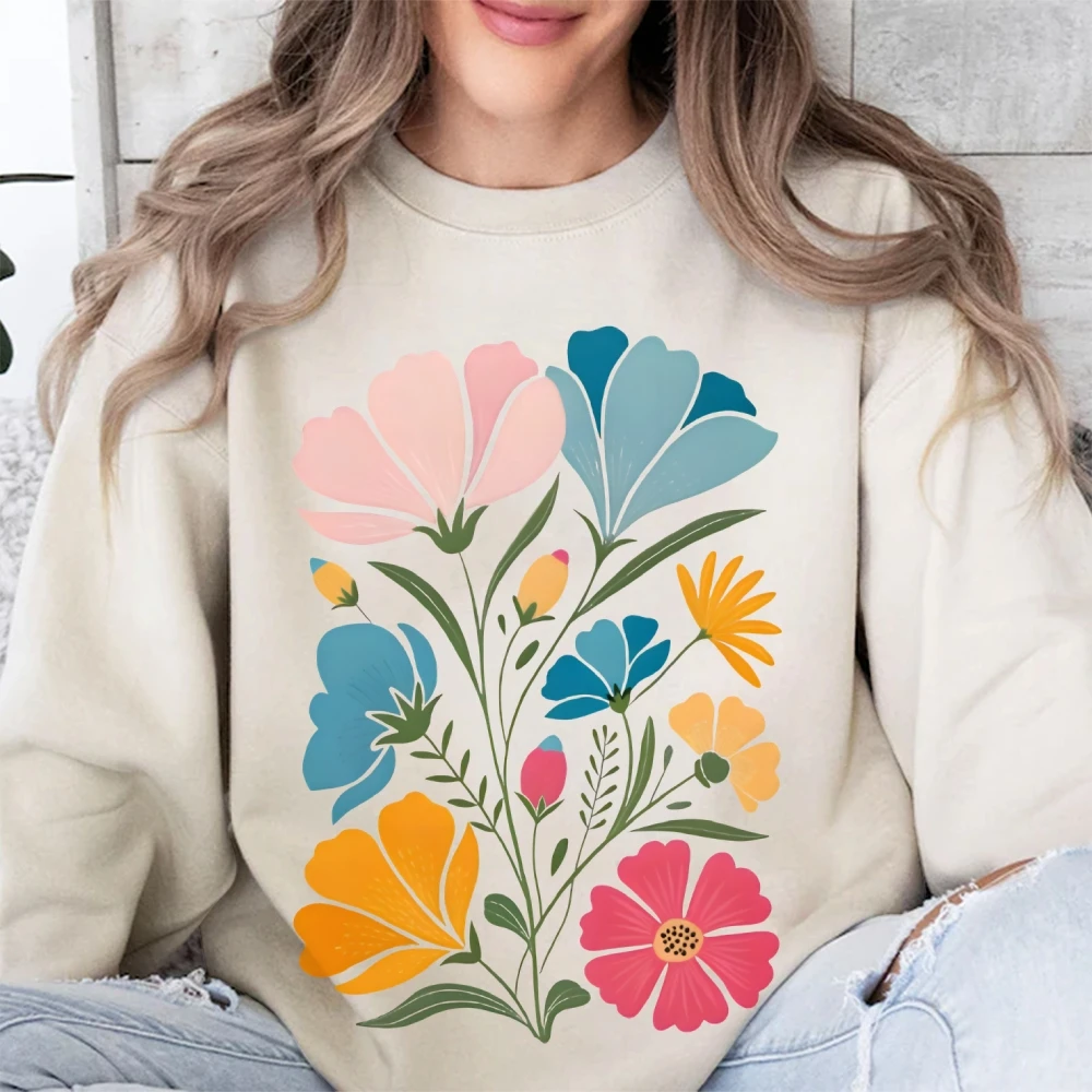 

Graphic Sweatshirt Colorful Flower Bouquet Print Oversize Casual Clothes Trendy Design Artistic Y2k Vibe Sweet Style Sweatshirt
