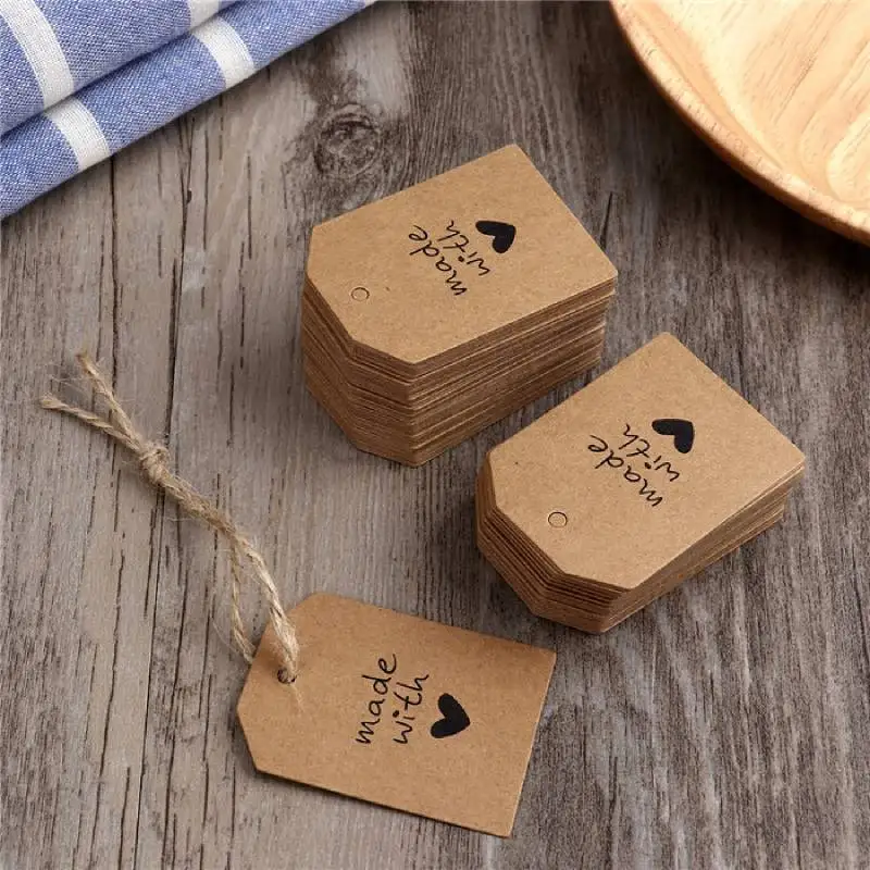 100 Uds. Etiquetas Kraft de papel hechas con amor etiqueta para la cabeza equipaje Navidad boda fiesta nota DIY precio en blanco etiqueta colgante Kraft regalo colgar