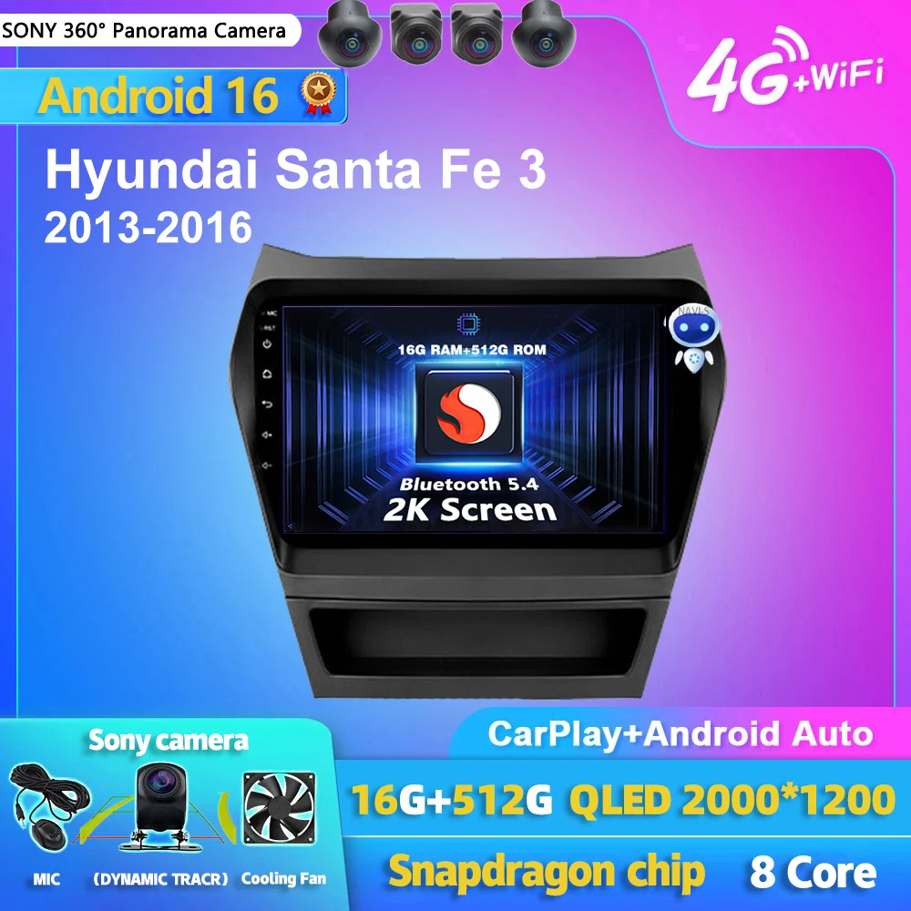 Android 16 Carplay Auto 2K Screen Car Radio Multimedia Player For Hyundai Santa Fe 3 2013 - 2016 Autoradio GPS Stereo Head Unit