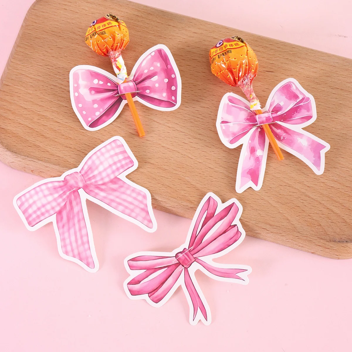 48 Stück rosa Schleifen-Papier-Lollipop-Kartenhalter, rosa Süßigkeitenverpackung für Geburtstagsfeier-Dekoration, DIY-Geschenk für Feiertage – Detail 3