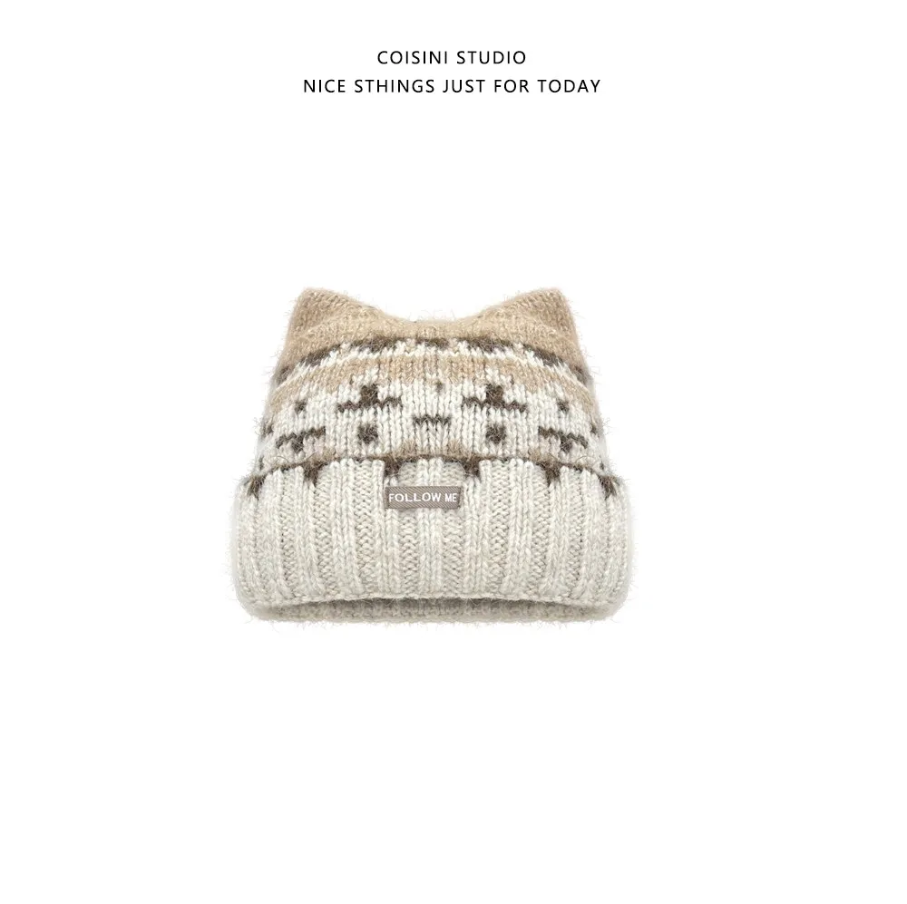 Niedliche Strickmützen mit Katzenohren für Damen, Fair-Isle-Jacquard-Muster, weiche, warme, flauschige Strickmützen, Herbst- und Winter-Kopfbedeckung für den Außenbereich. – Detail 3