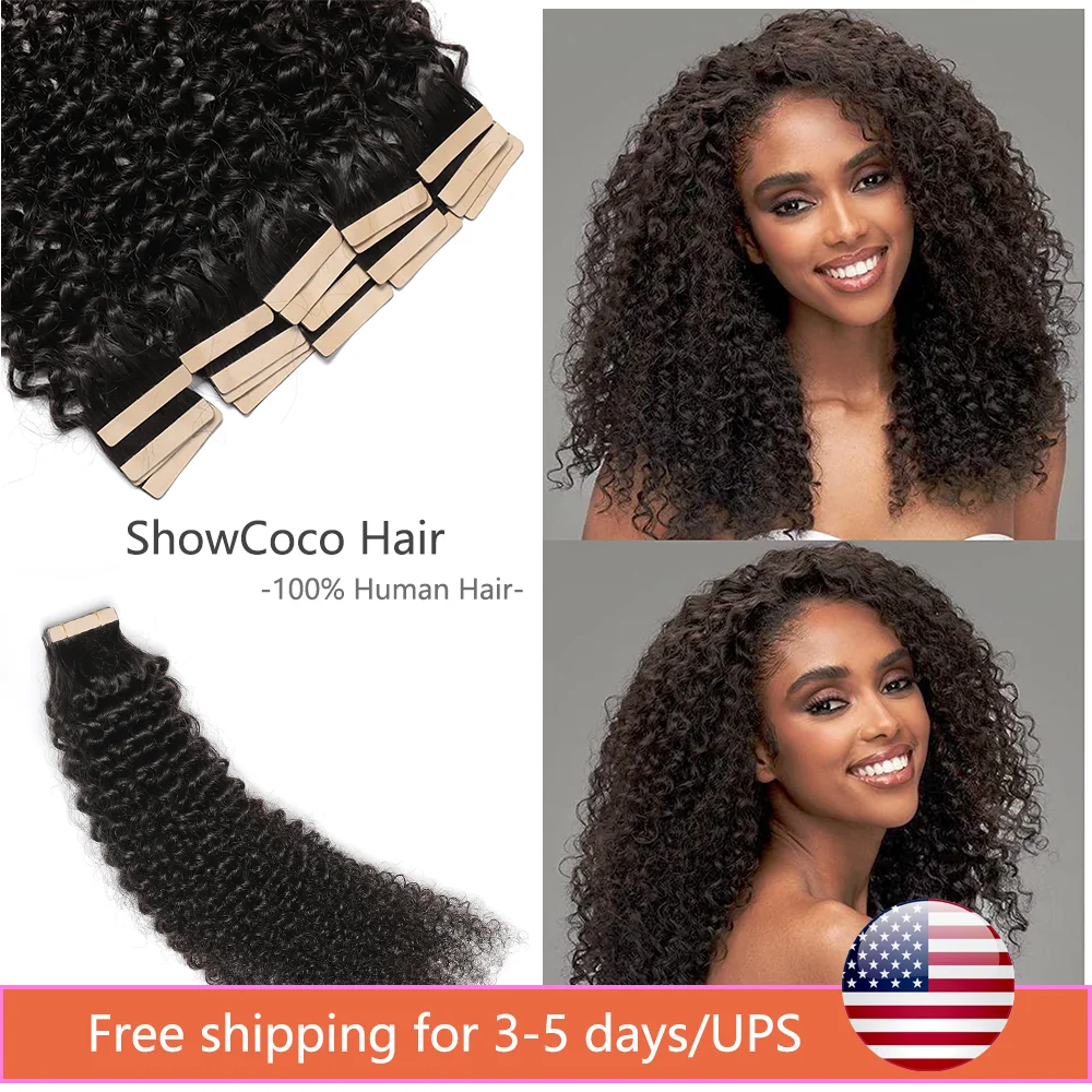 Kinky Curly Tape in Hair Extensions Human Hair Natural Black #1B Invisible PU Skin Weft for Black Women Seamless Full Head Hair