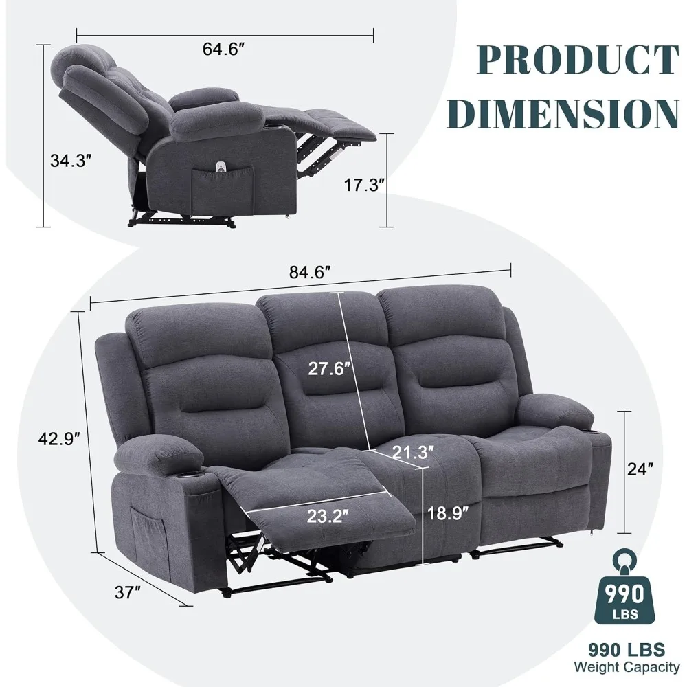 أريكة كرسي كبيرة الحجم مع حرارة وتدليك، أريكة كرسي RV كبيرة الحجم بثلاثة مقاعد لغرفة المعيشة، مستلق على الحائط