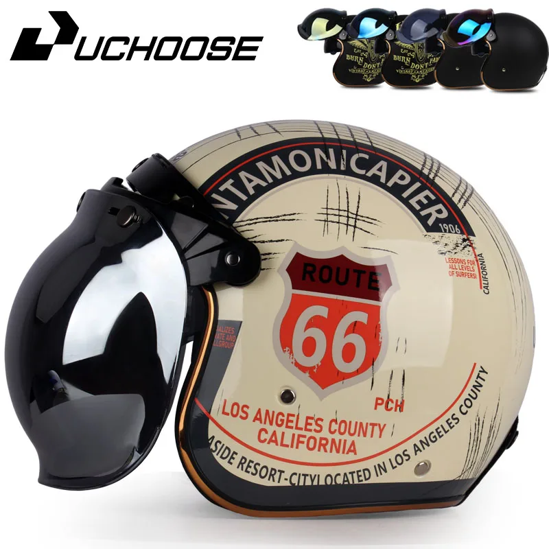 UCHOOSE 3/4 vintage helmet, motorbike classic retro, open face men's and women's motorbike helmets,,with bubble mirror