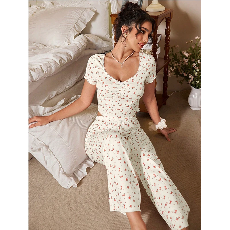 2025 New Women's Floral Print Short-Sleeved Pants Two-Piece Homewear Set Night Wears for Women Long Pants for Home
