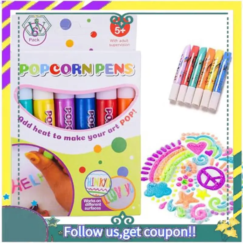 

NEW Magic Puffy Pens Set - 6 Neon Colors Popcorn Pen With 3D Ink Heat And Then Watch Art Grow Fun Art Supplies Easy Install