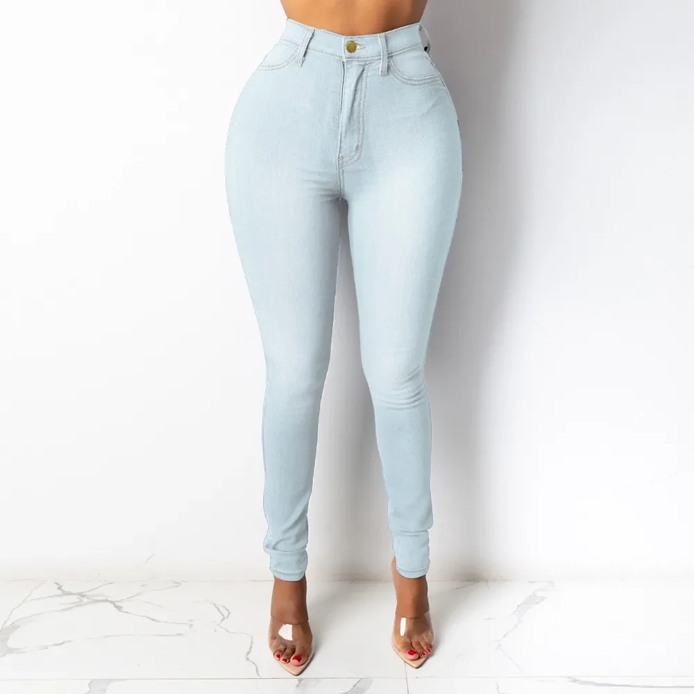 Jean slim taille haute pour femme, pantalon crayon, denim fin, monochromatique, petit document, streetwear européen et américain