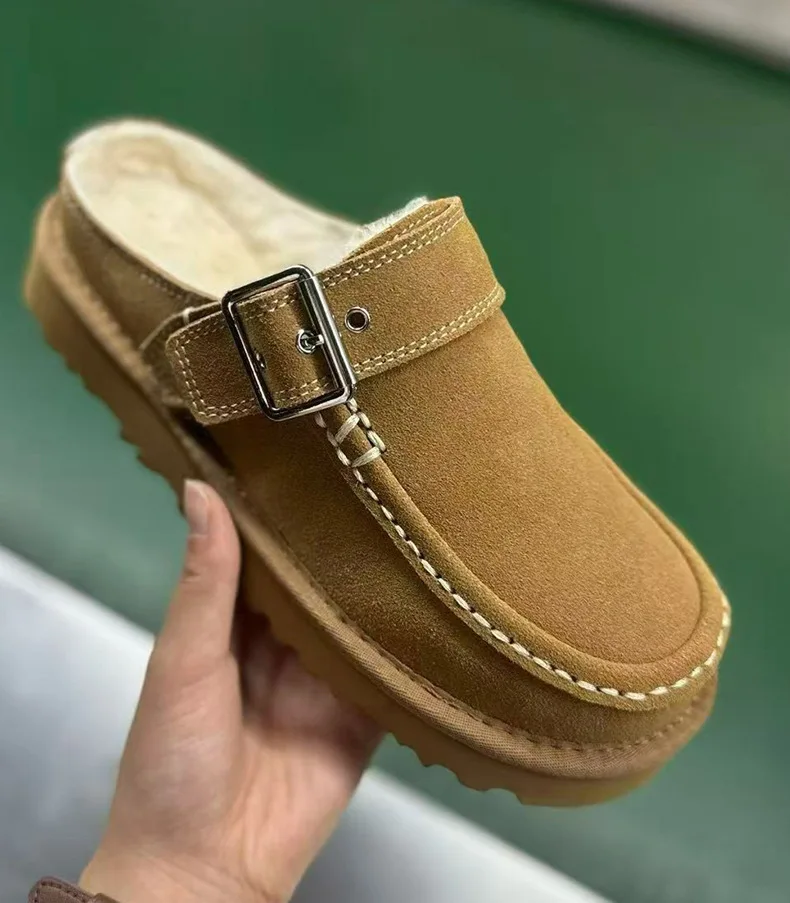 Neue Damen-Schlappen aus Rindsleder und Wolle, Schneestiefel mit Zehenkappe, erhöhte Sohle, warm, stoßdämpfend, dicke Sohle, lässig, für Paare – Detail 5