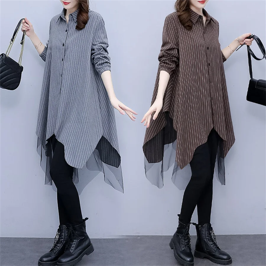 Women\'s Striped Shirts 2022 Elegant Asymmetrical Tops Casual Long Sleeve Blusas Female Button Patchwork Tunic Oversized