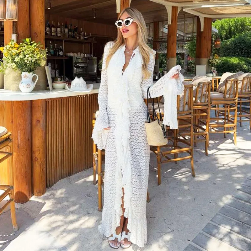 

Ticketsx Lace Ruffle Long Dress Women's Flared Long Sleeves Hollow Out Lace Up Slit Dress Female 2025 Vacation Party Club Dress
