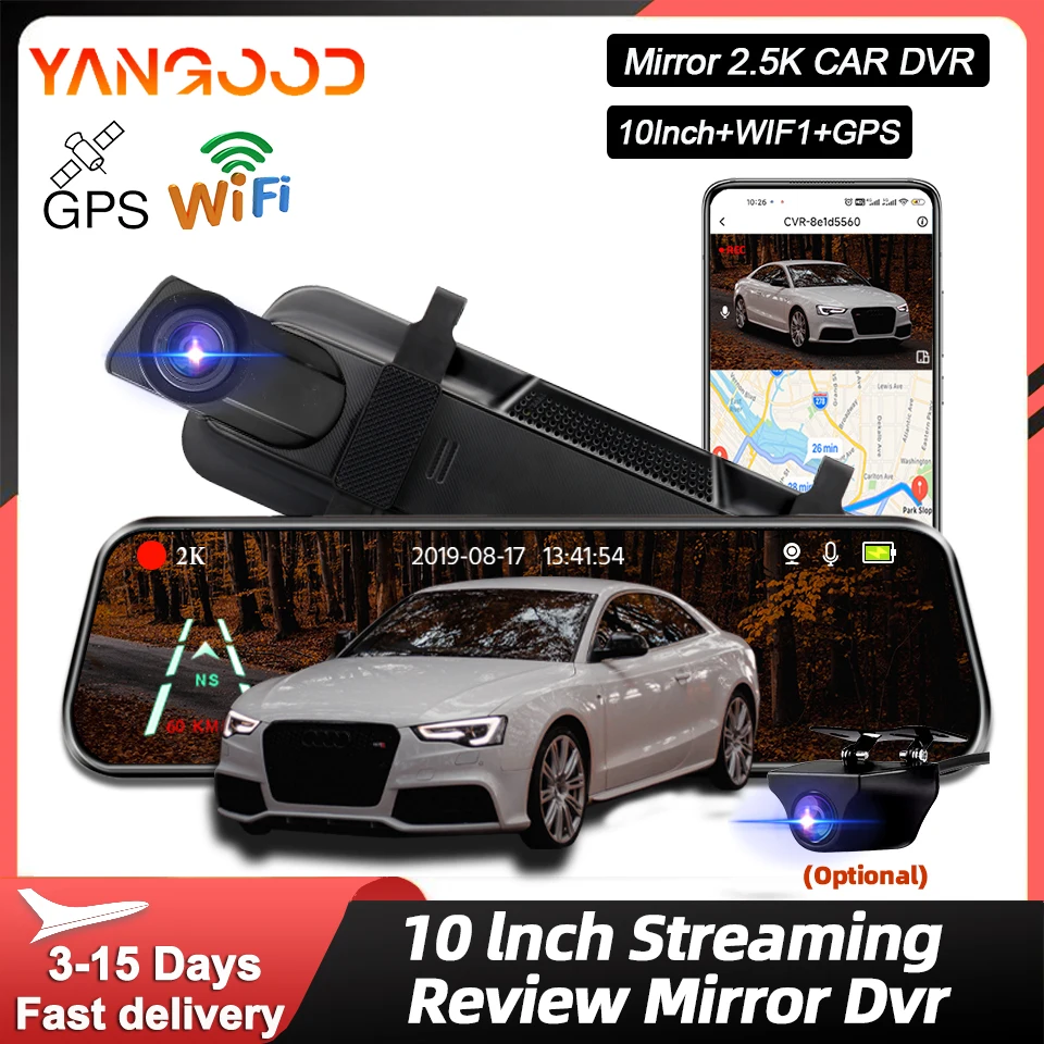 

Yangood 2.5K Dashcam Auto Car Dvr Mirror Video Recorder Built-in WIFI Support GPS and 1080P Rear Camera 24H Parking Monitoring