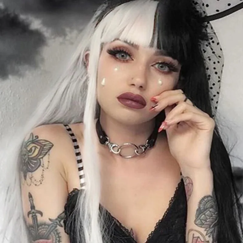 شعر مستعار للنساء برأس كامل، شعر مستعار طويل مستقيم باللونين الأبيض والأسود مع غرة لحفلات الهالوين، شعر مستعار رقيق طبيعي