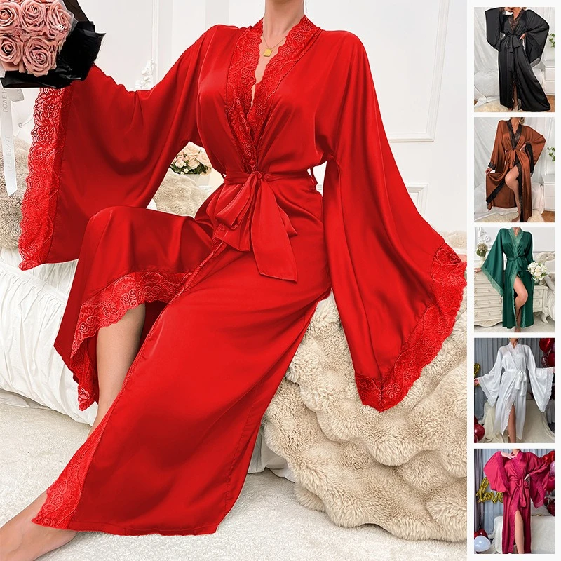 

Light Luxury Satin Long Robe for Women – Lace Trim Long Sleeve Cooling Touch Homewear Sleepwear, New Arrival Elegant Bathrobe