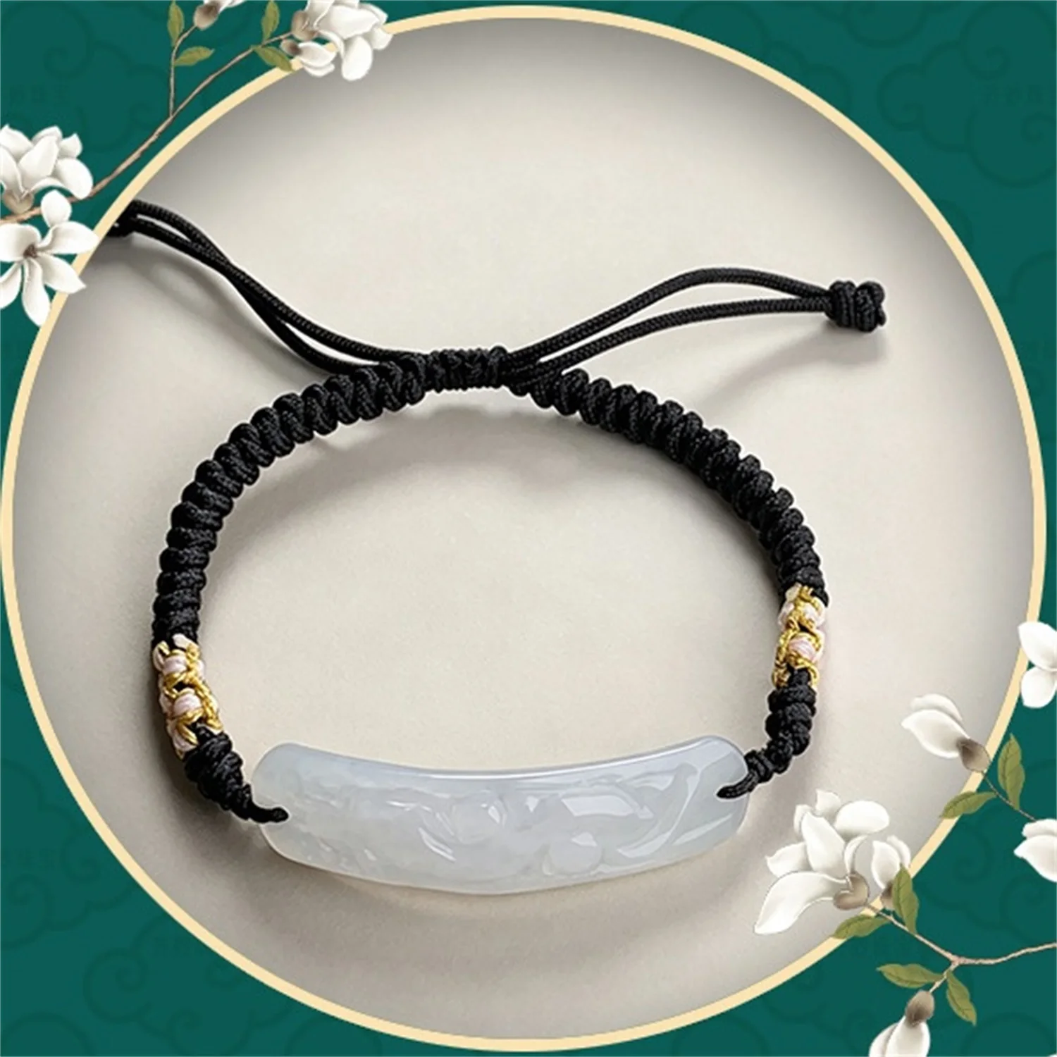 Grade A Burmese Jadeite Carved Flower Pendant Handmade Braided Peach Blossom Knot Adjustable Lucky Couple Bracelet Women Men