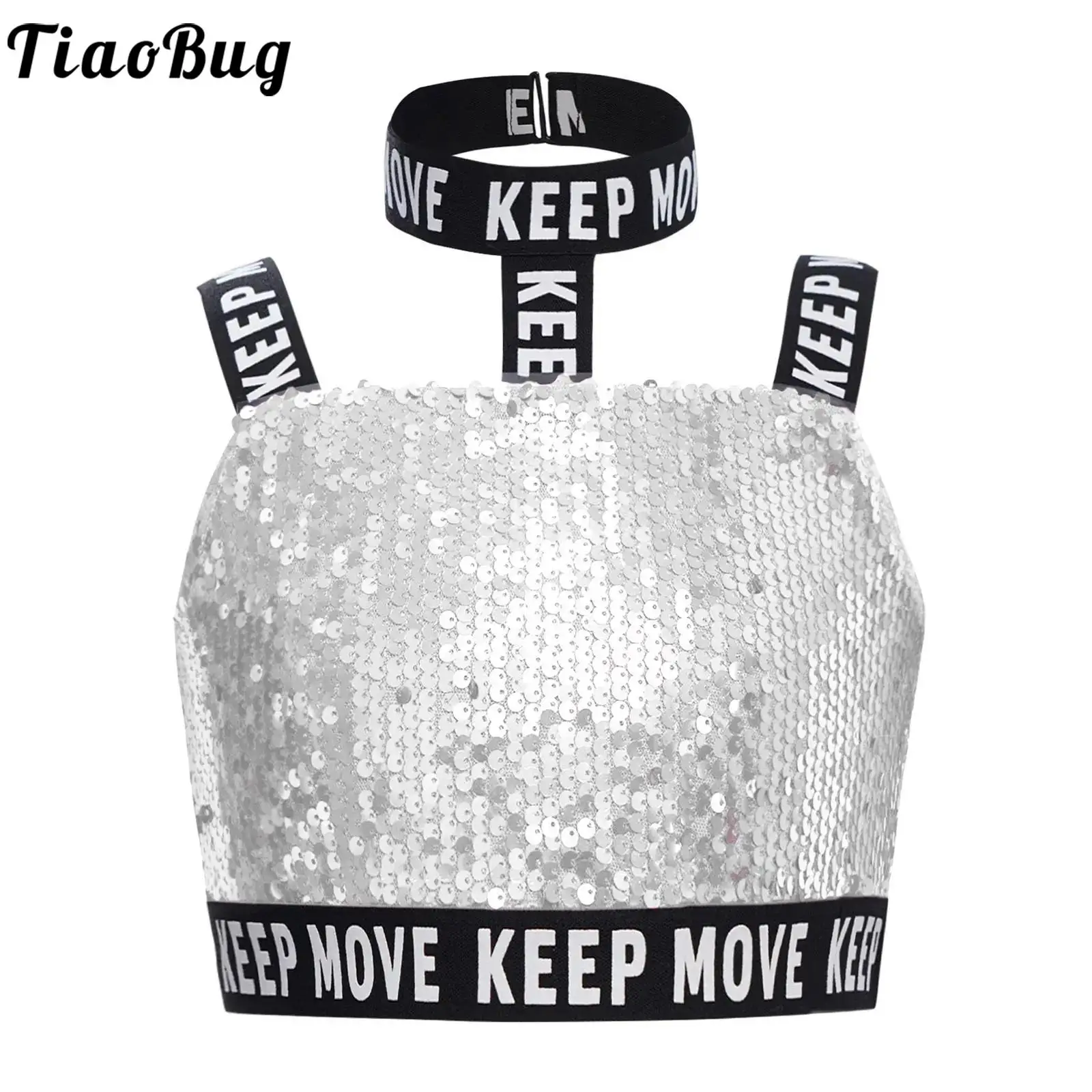 

Kids Girls Glittery Sequin Jazz Dance Costume Crop Tops Hip-Hop Performance Dancewear Shiny Halter Elastic Shoulder Straps Vest