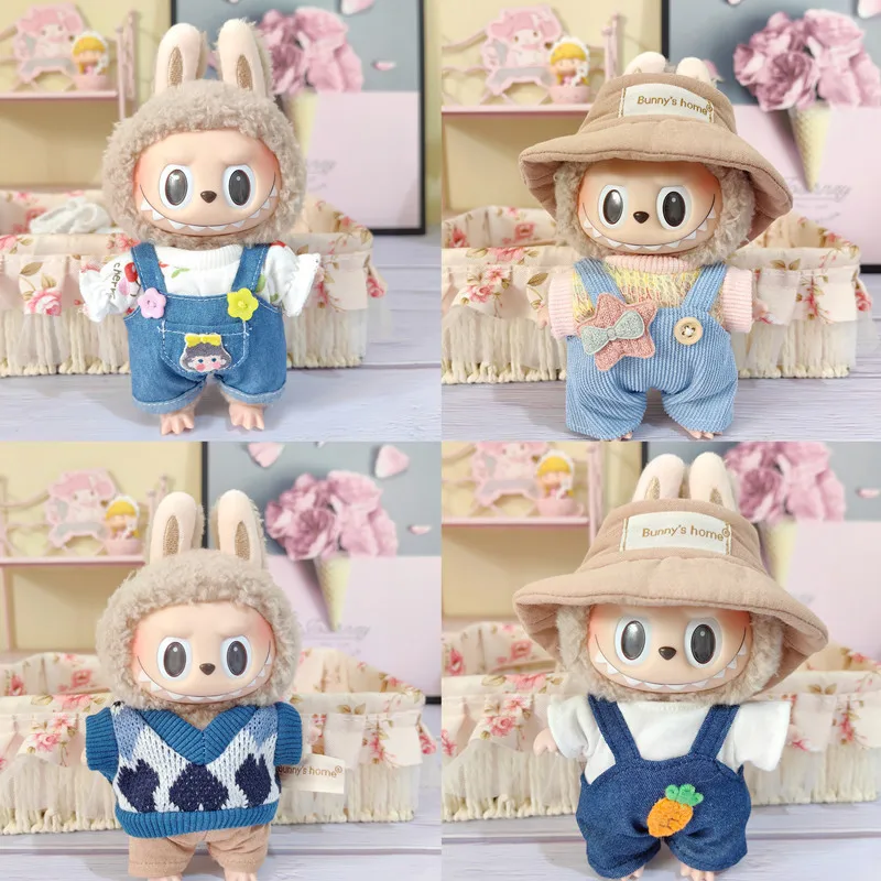 Cute Mini Plush Doll Clothes for Kids, 17cm, Outfit Accessories for Korea Kpop Exo Labubu Idol Dolls, T-Shirt e Calças, DIY Clothing, Gift