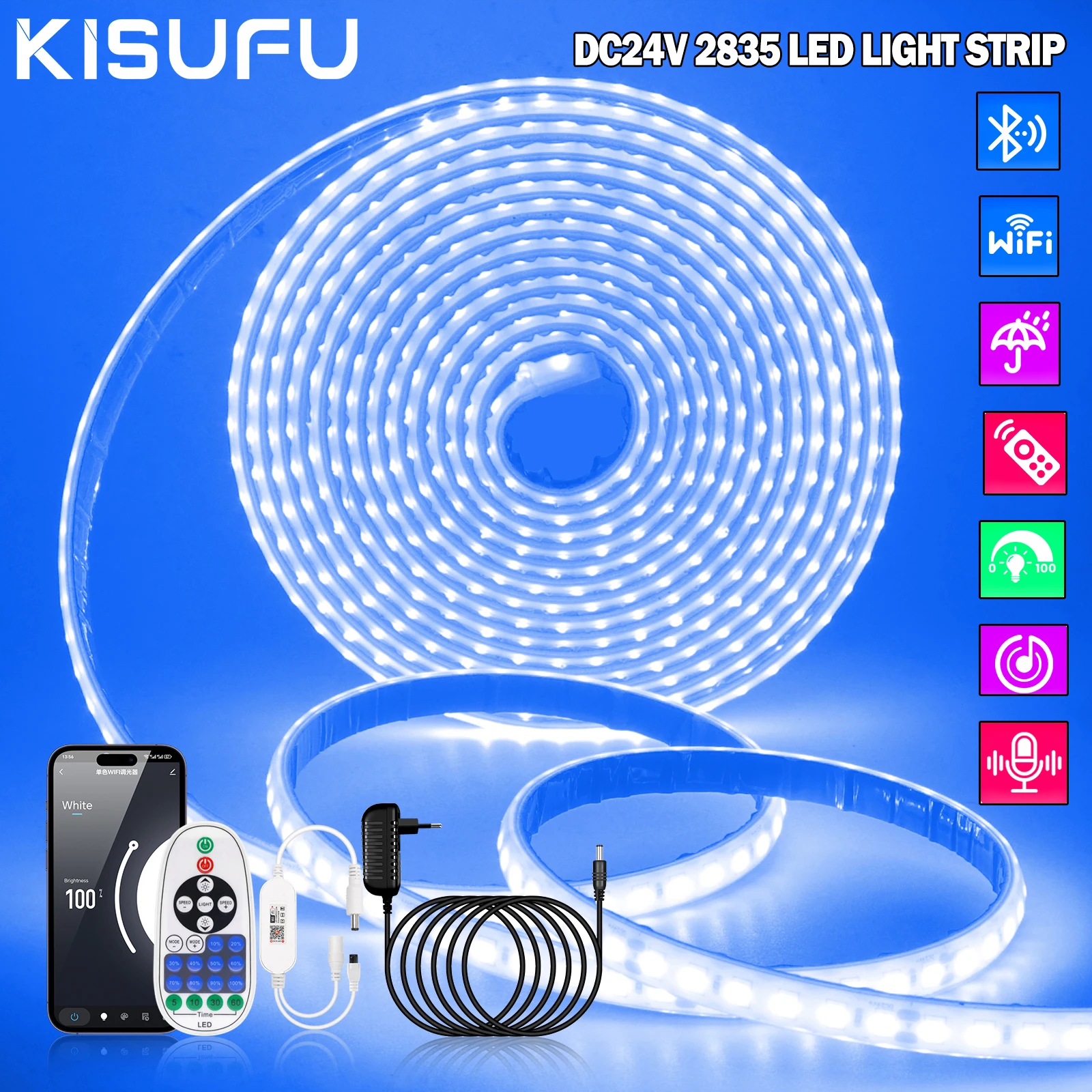 DC24V 2835 LED Light Strip Smart Bluetooth/WIFI 23Key Control Remote Kit Red Blue Green Self-Adhesive Outdoor Ribbon Rope Tape