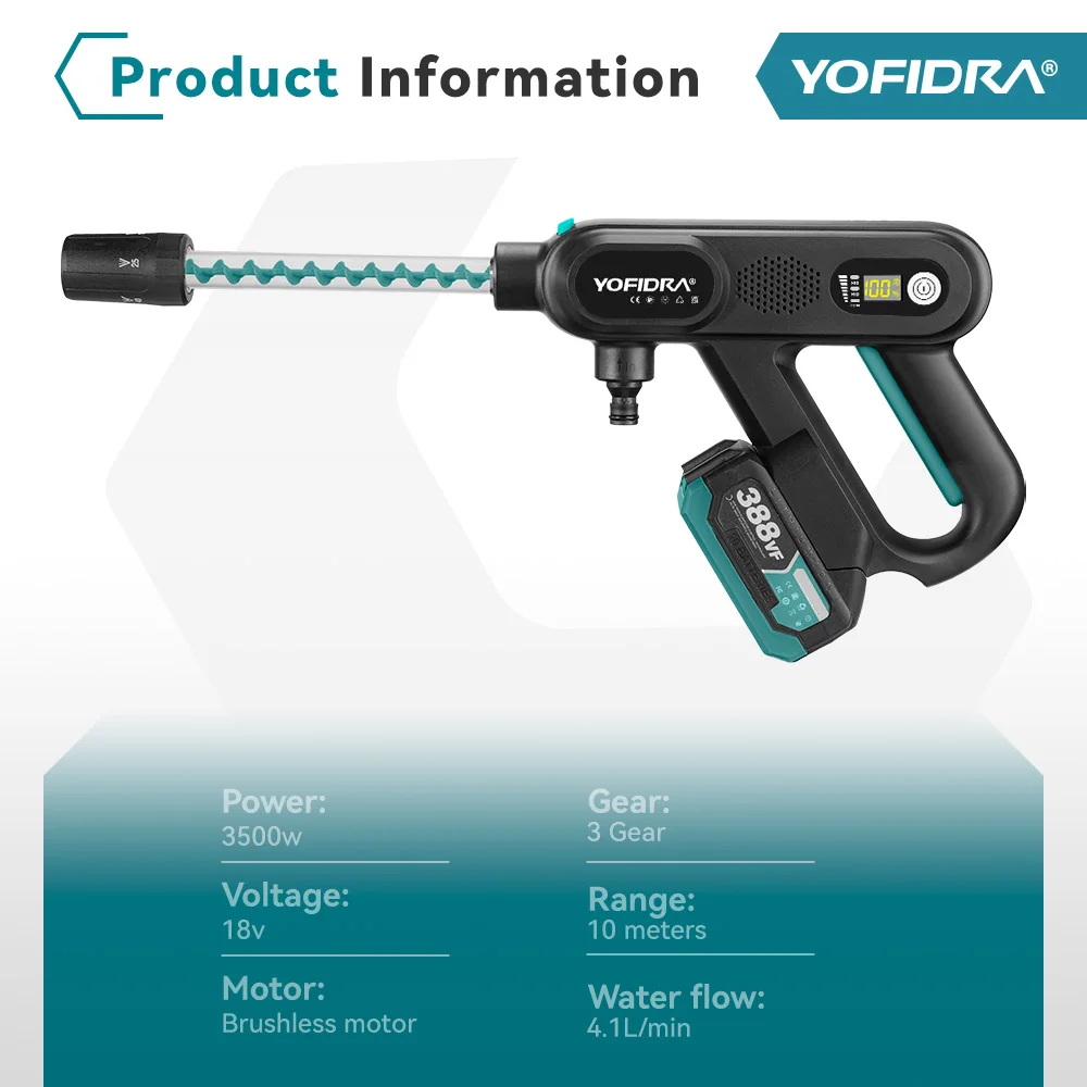 Pistola per lavatrice per auto ad alta pressione senza spazzole 250Bar 5 IN 1 Pistola a spruzzo per pulizia del giardino per auto efficiente senza fili per batteria Makita 18V-21V