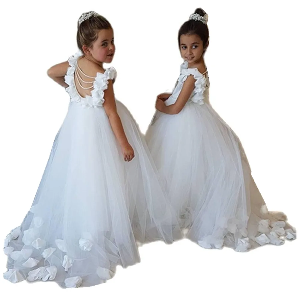 White Lace Flower Girl Dresses Vneck Sash Tulle Pageant First Communion Dresses Prom Ball Gown Princess Baby Girl Party Dresses