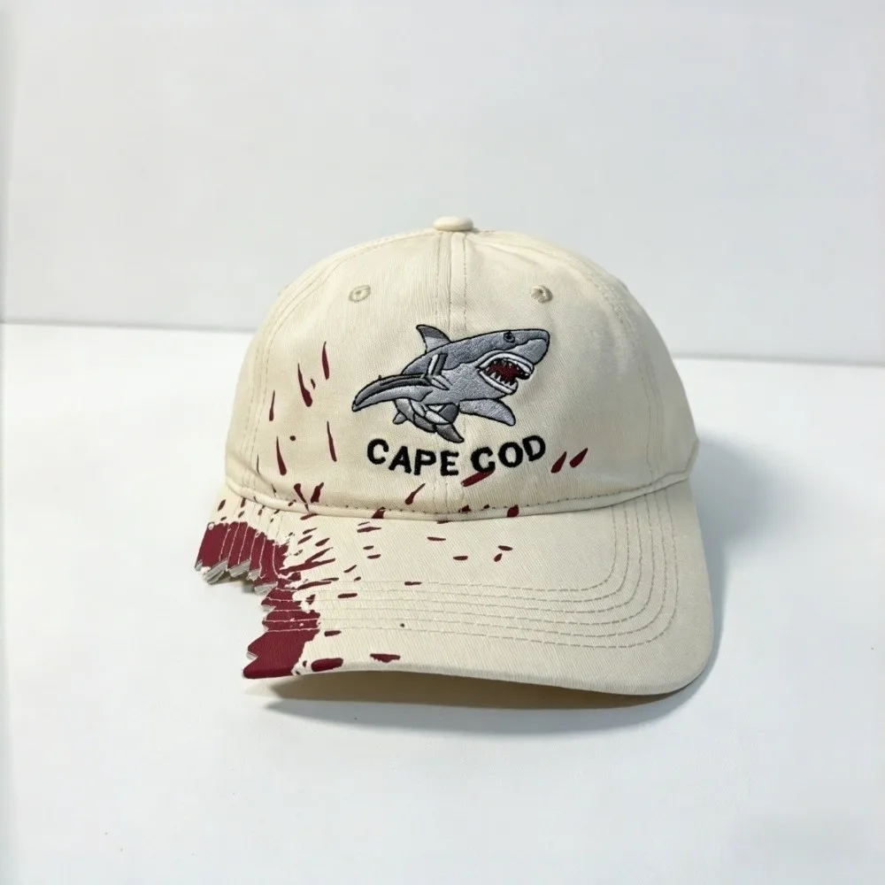 Chomped Brim Design Shark Bite Cap Vibrant Fabric Paint Premium Cotton Embroidered Baseball Hat Adjustable Metal Buckle