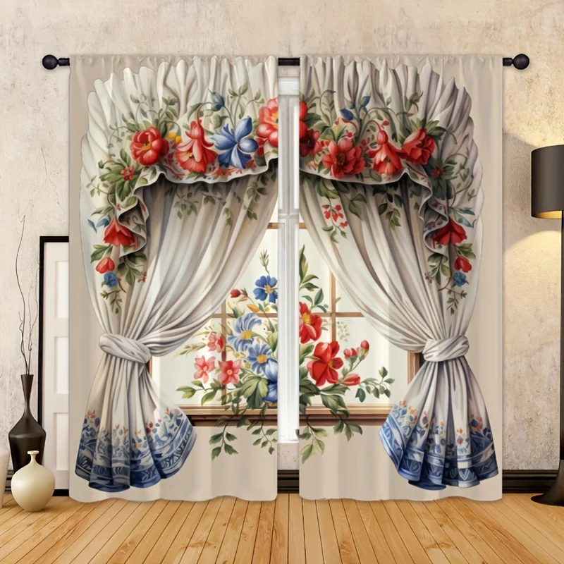 2panels Vintage Red Floral Window Curtain for Home and Office Decor Elegant Edge Decor for Living Room Bedroom Kitchen Blinds