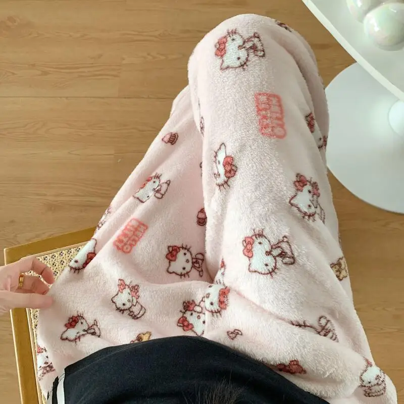 New Cartoon Pajamas Hello Kitty Flannel Women's Autumn Winter Thickened Velvet Warm Pajamas Home Wear Trousers Cute Hot Style