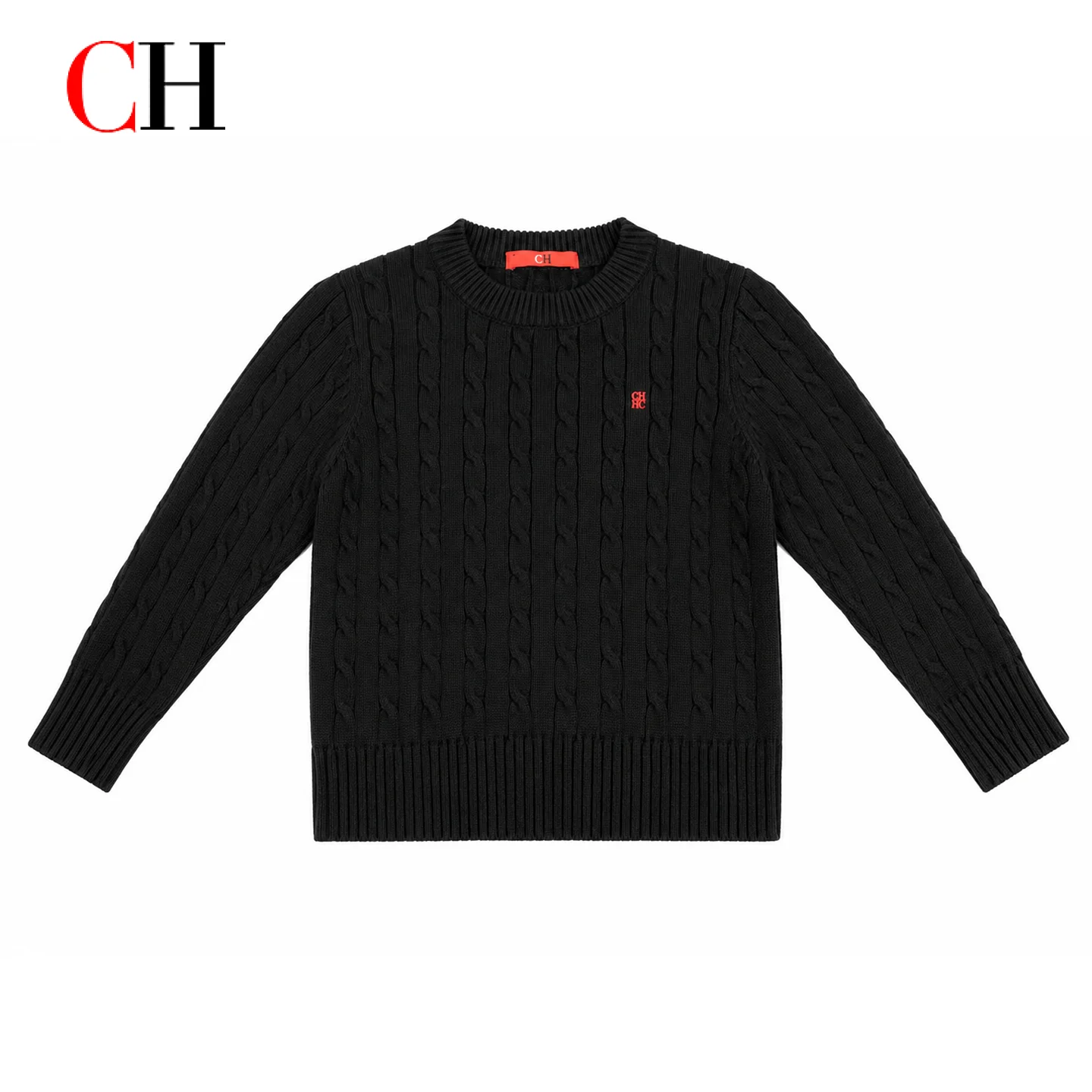 CH Girls Black Cable Knit Sweater Long Sleeve Crew Neck Pullover Casual Kids Winter Jumper Soft Warm Fashion Top
