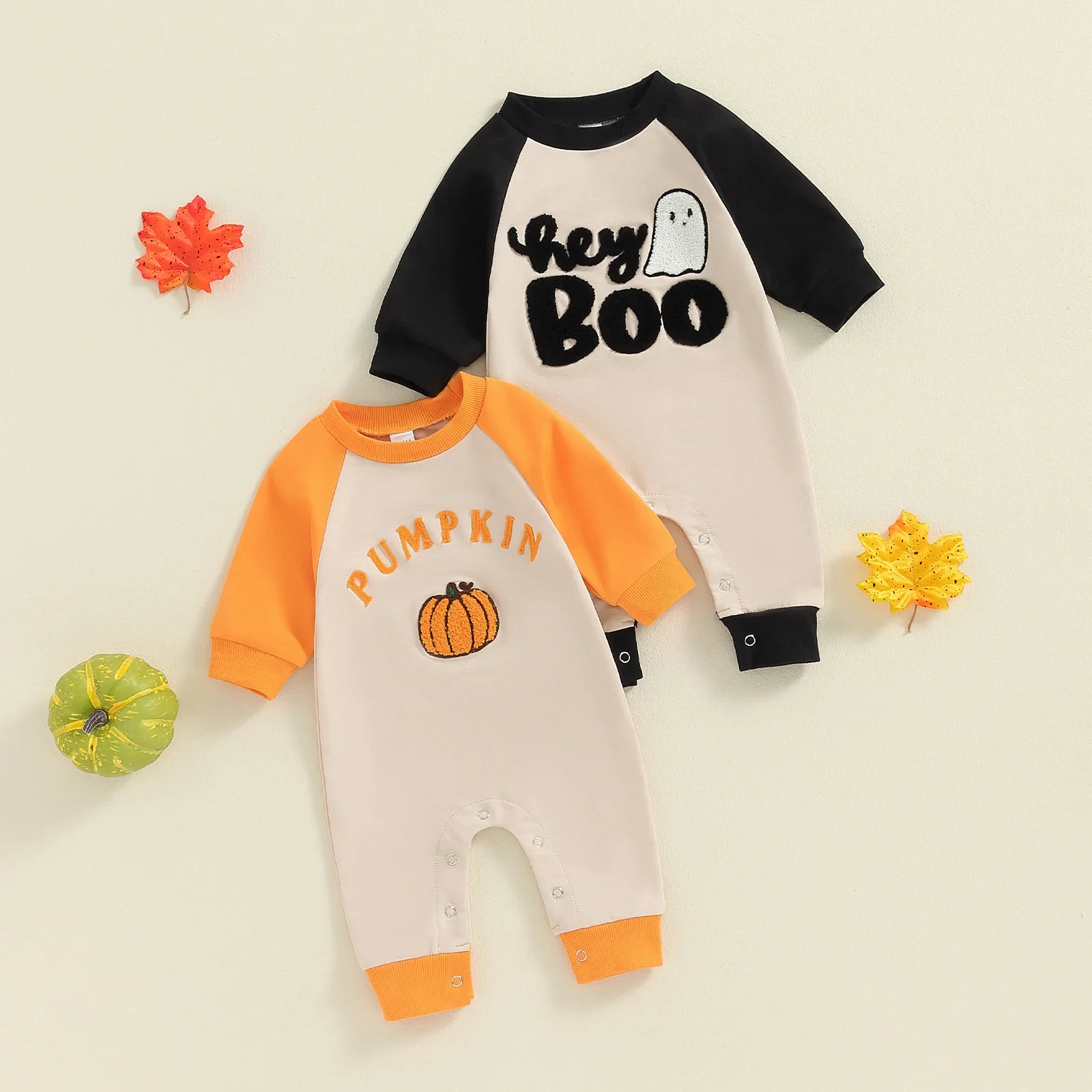 Halloween Newborn Infant Baby Boy Girl Jumpsuit Letter Ghost/Letter Pumpkin Embroidery Long Sleeve Romper Costumes