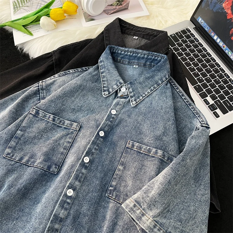 

Washed Denim Short Sleeve Shirt Loose Fit Men's Style Summer Trendy Brand Ins Casual Jacket Student Male Shirt Hong Kong Style