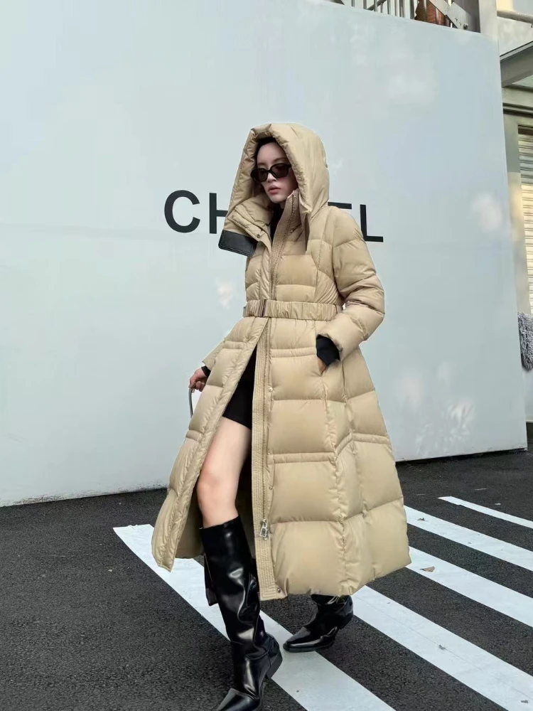 2024 Winter New Long Down Jacket Women Thickened White Duck Down Warm Hooded Puffer Jacket Knee-length Waisted Slim Coat