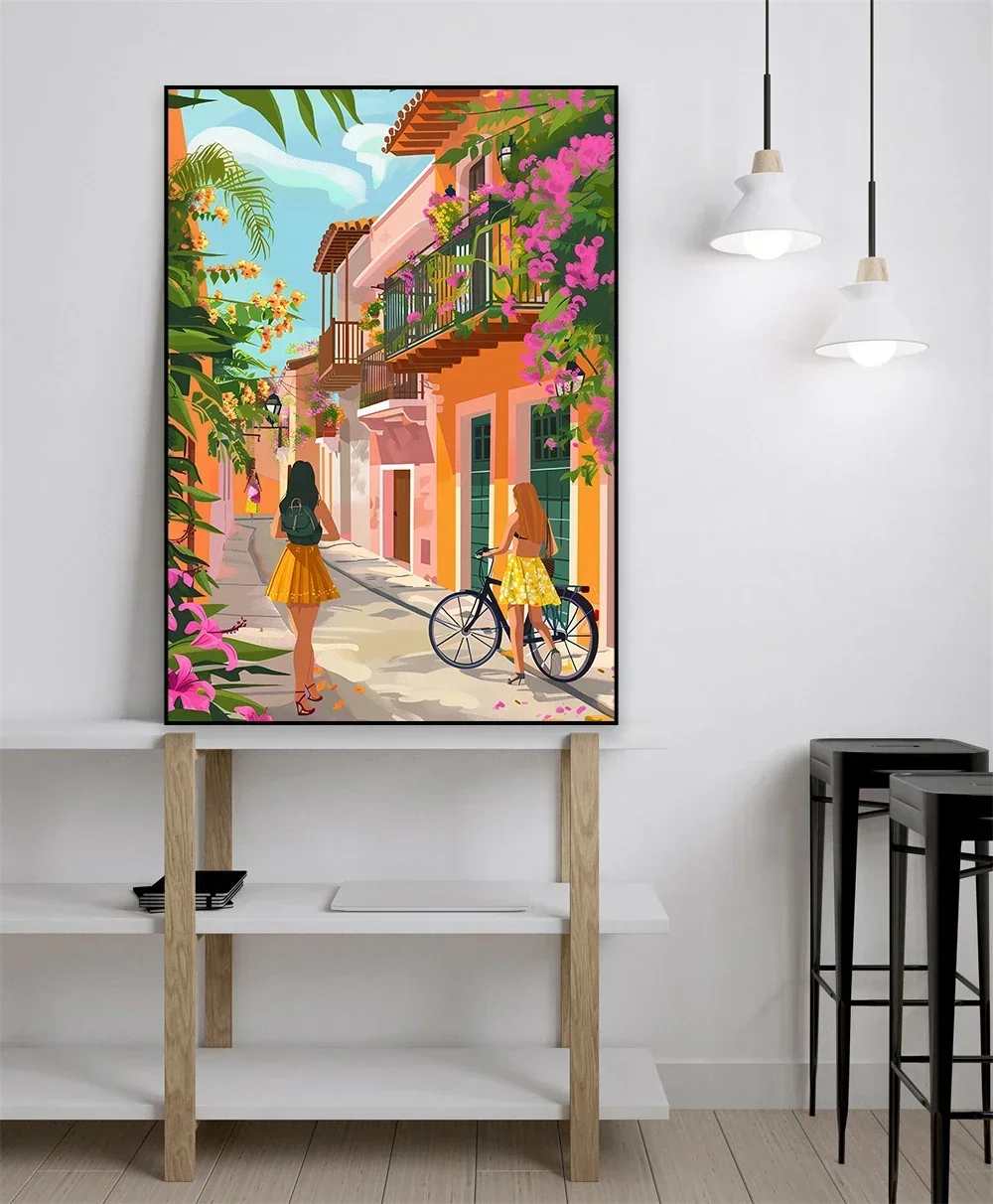 1pc frameless Canvas Painting Cartagena Travel Poster Colorful Colombia Illustration Landscape Medellín Floral Travel Prints Vin